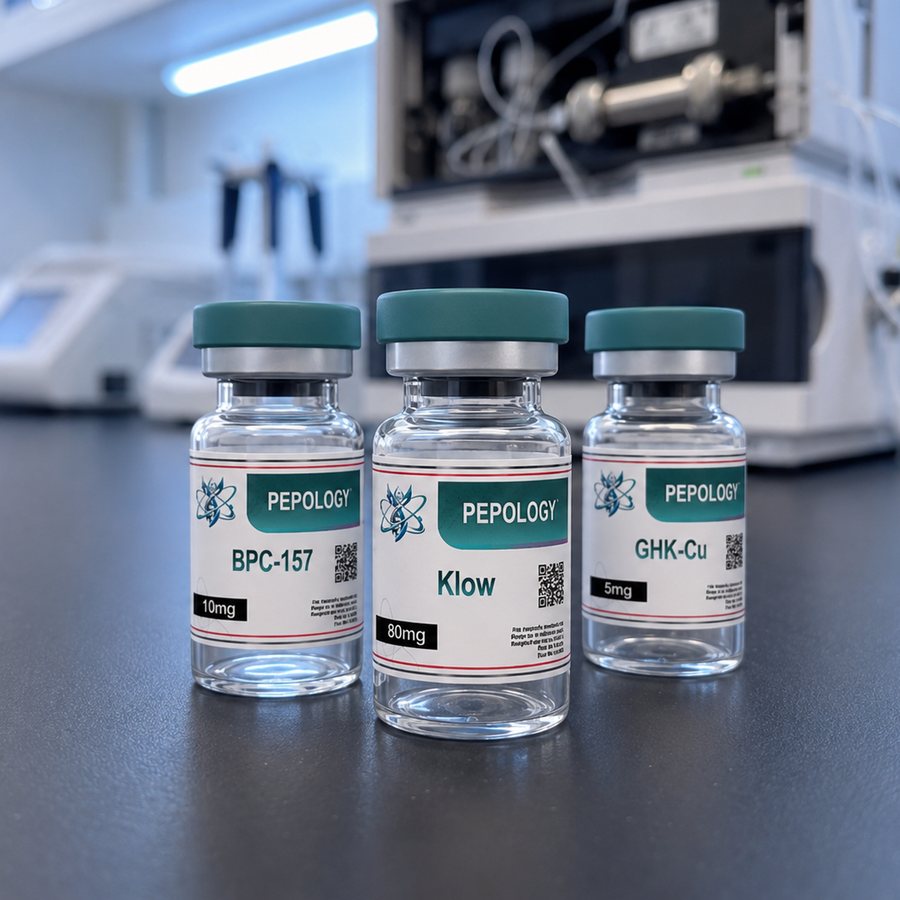 Research peptides delivered to Perth, Western Australia: Pepology vials on the laboratory bench